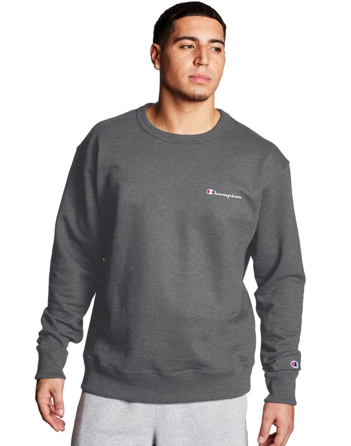 Champion Mens Sweatshirt NZ - Powerblend Fleece Crew Script Logo Dark Grey ( 2076-EMSOP )